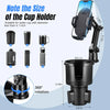 A black adjustable cup holder phone mount is shown with various cup sizes and a smartphone, demonstrating 360° rotation.