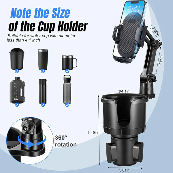 A black adjustable cup holder phone mount is shown with various cup sizes and a smartphone, demonstrating 360° rotation.