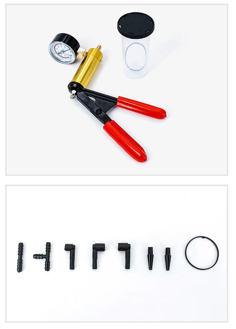 A manual vacuum pump and brake bleeder kit with a gauge and tubing components.
