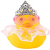 A yellow rubber duck decorated with a crown and pink accessories.