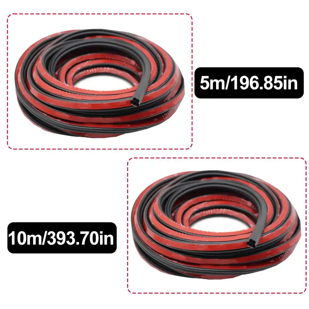 Red and black rubber weather stripping for car doors, available in 5m and 10m rolls.