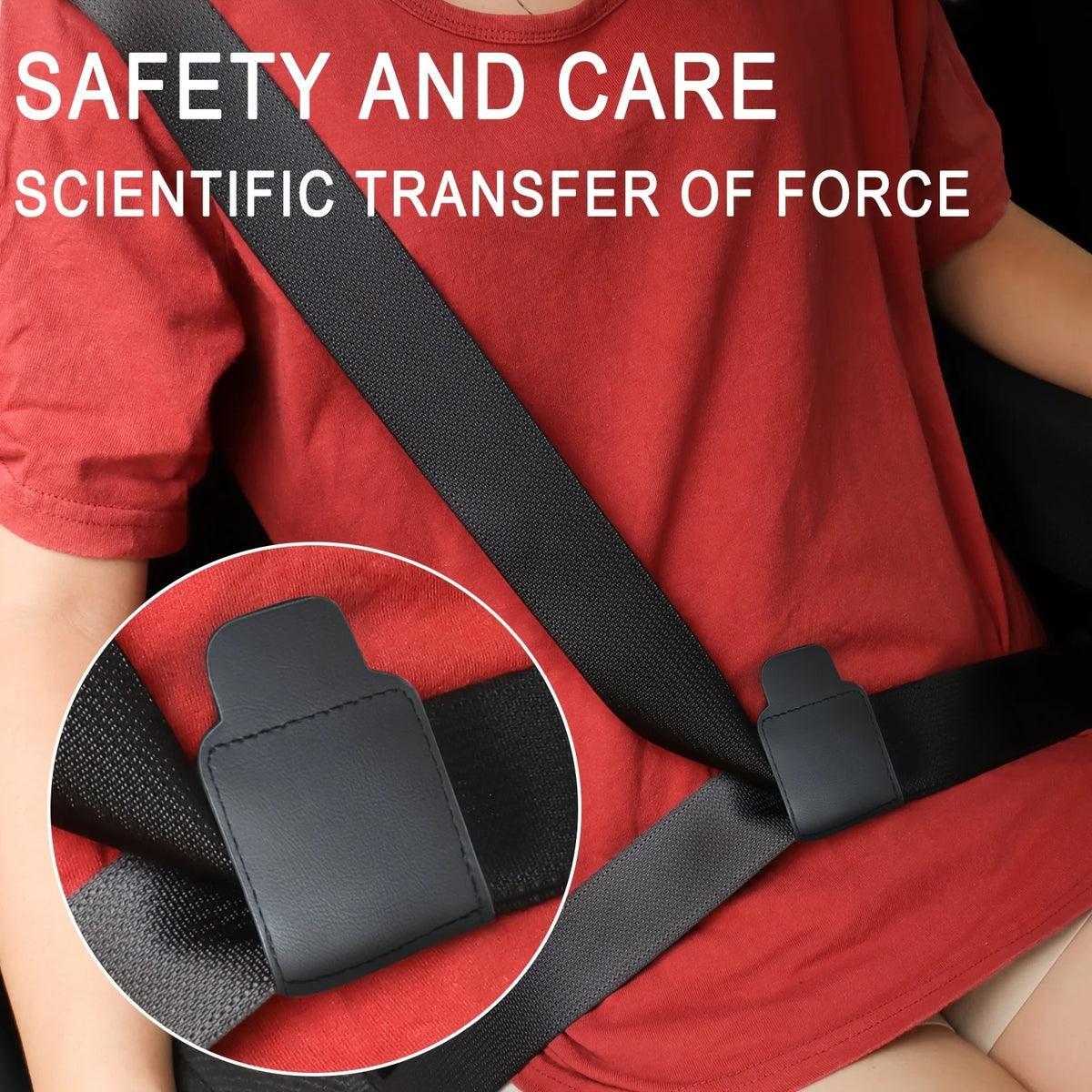 Close-up of a black PU leather car seat belt adjuster strap on a red shirt.