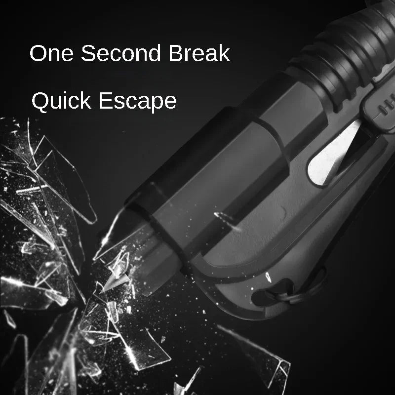 A close-up shot of a tool breaking glass, demonstrating the quick escape feature of a car emergency safety kit.