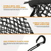 Close-up view of a black high-stretch double-layer mesh net with plastic hooks for motorcycle cargo.