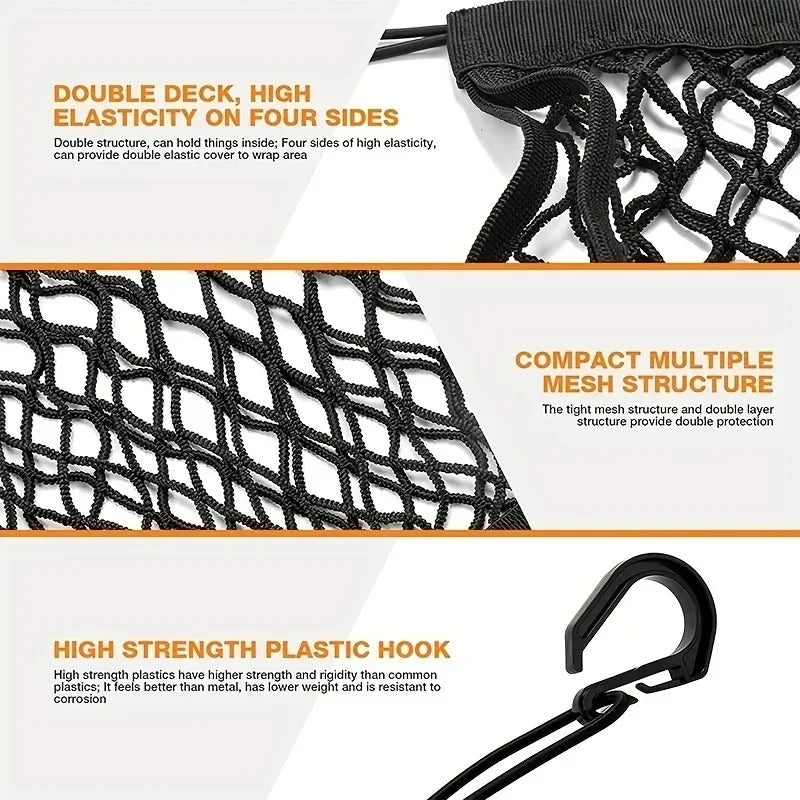 Close-up view of a black high-stretch double-layer mesh net with plastic hooks for motorcycle cargo.