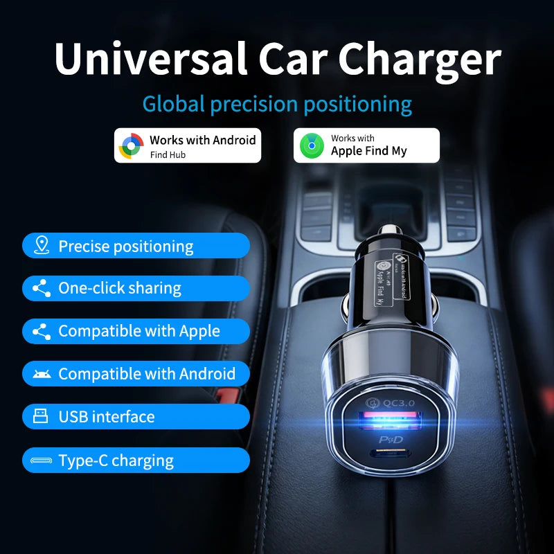 A universal car charger with precision positioning features, compatible with Android and Apple Find My.