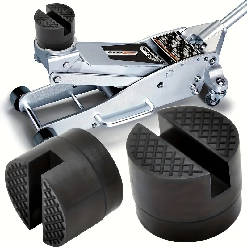 A silver universal rubber jack pad with a protective frame rail mount and two black pads shown alongside the product.