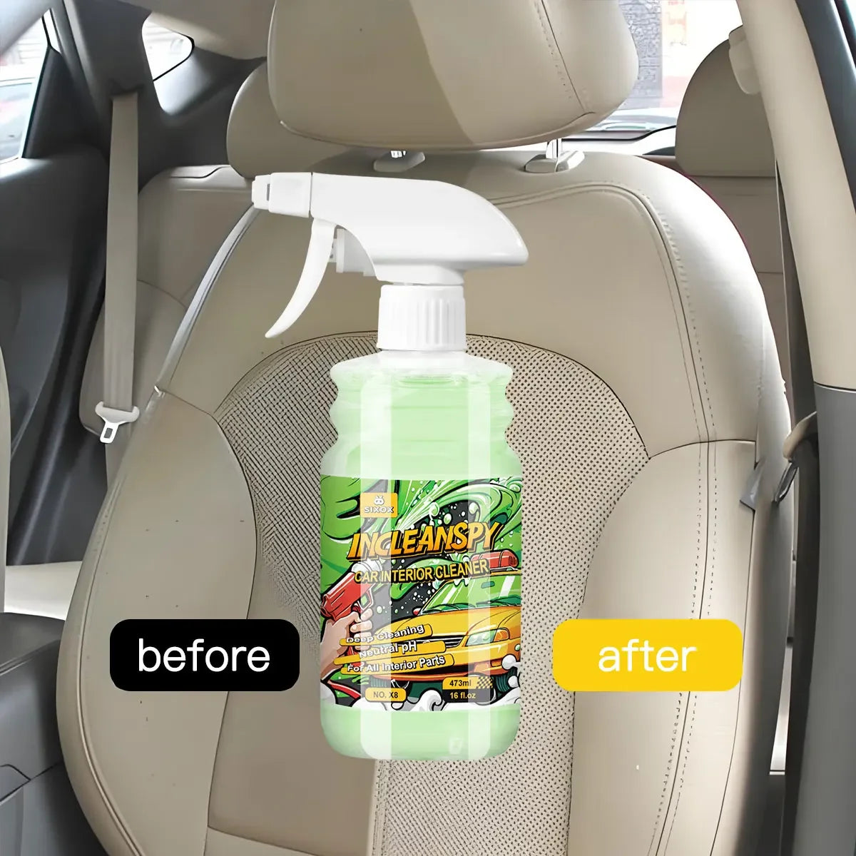 Vorher-Nachher-Vergleich eines vielseitigen Reinigungssprays für das Autointerieur auf einem Autsitz.