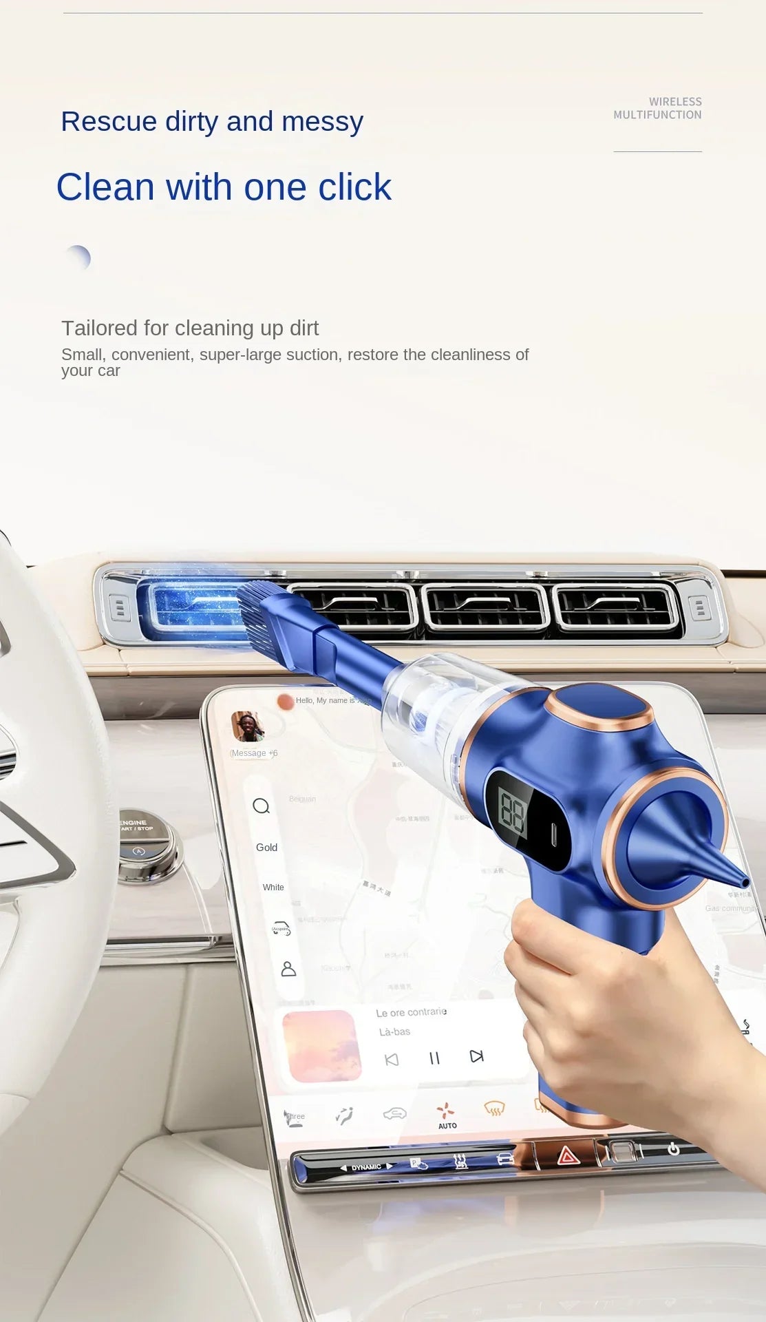 A hand holds a blue cordless vacuum cleaner designed for cleaning dirt and mess in a car interior.