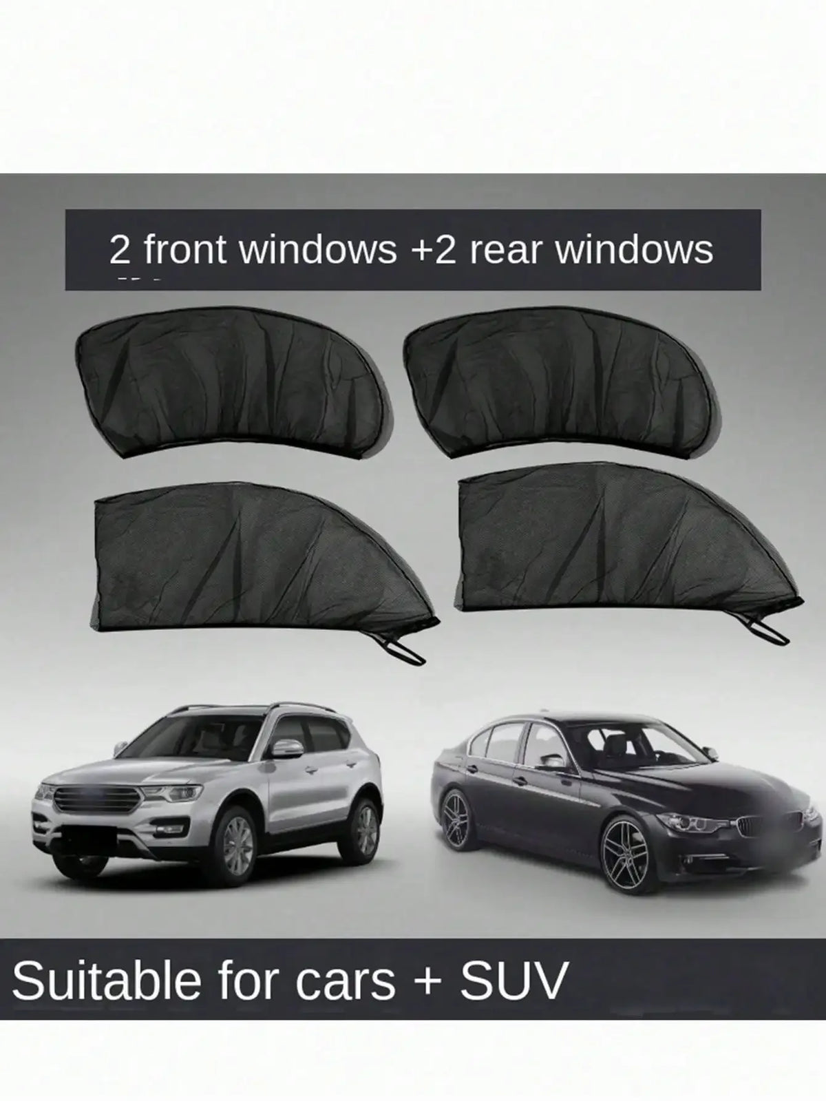 Black breathable mesh window shades for cars and SUVs, showing front and rear window covers.