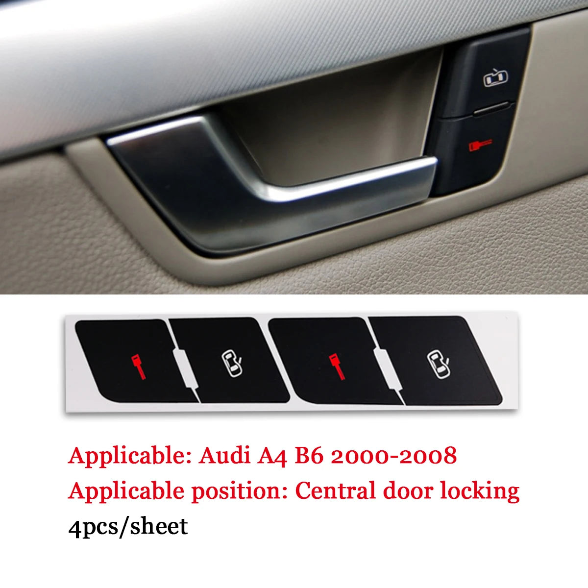 A set of four door locking switches for an Audi A4 B6 2000-2008 car door interior.