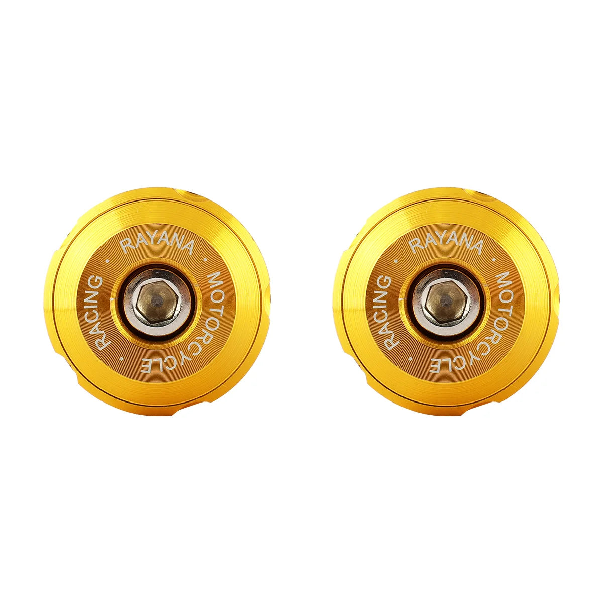 Two brass motorcycle handlebar end plugs labeled RAYANA RACING MOTORCYCLE