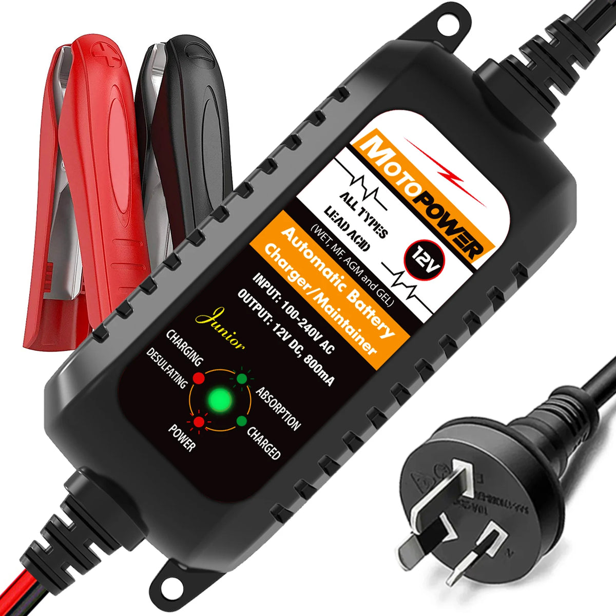Schwarzer Motorradbatterieladegerät mit roten Anschlüssen und schwarzem Stromkabel