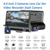 A black 4.0 inch three-camera lens car DVR dash camera with various features displayed on its screen.