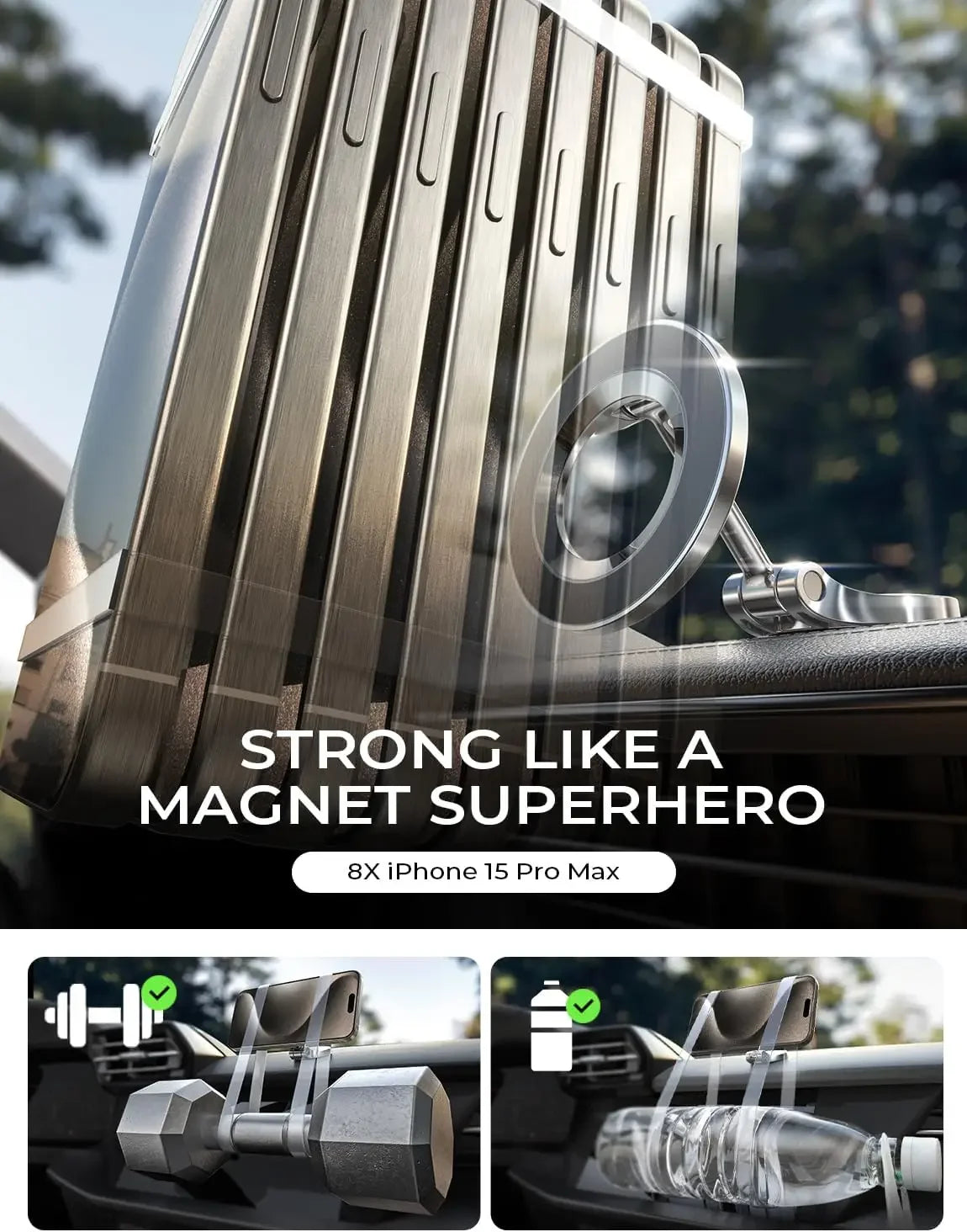 Gros plan d'un support magnétique pour téléphone de voiture, conçu pour iPhone 15 Pro Max, montrant son installation et sa fo