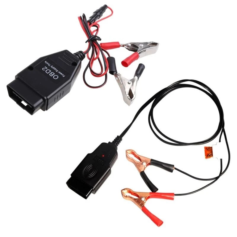 A professional OBD2 battery replacement and monitoring tool with a black connector and metal probes.