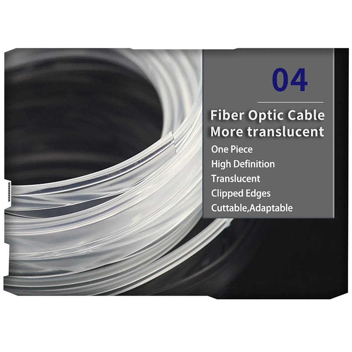 Fiber optic cable product packaging showing a roll of translucent optical cable labeled 04