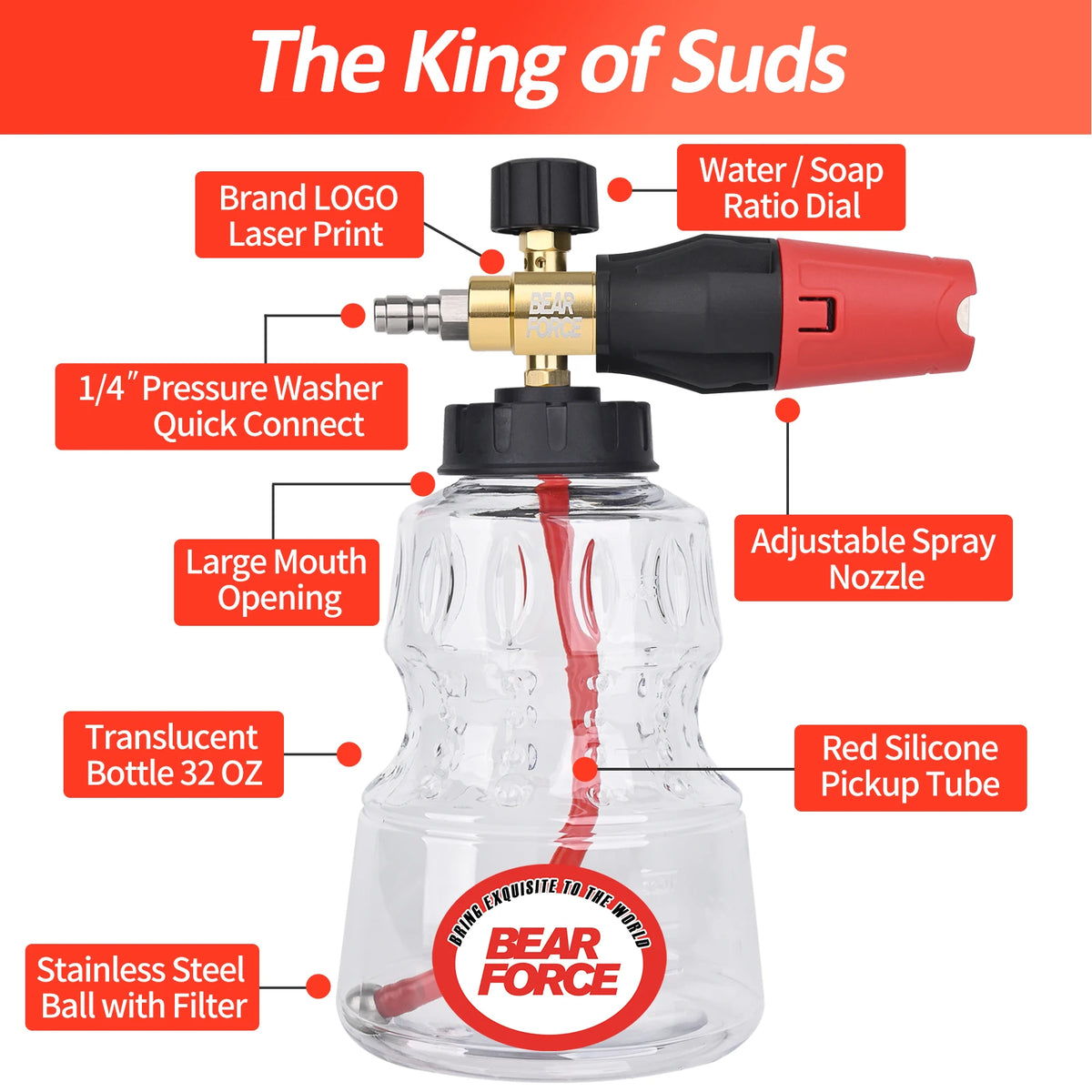 A clear glass pressure washer spray gun kit with a red silicone pickup tube and brass components.