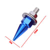 A close-up view of a silver and blue hexagonal bolt with a pointed tip, showing its dimensions.