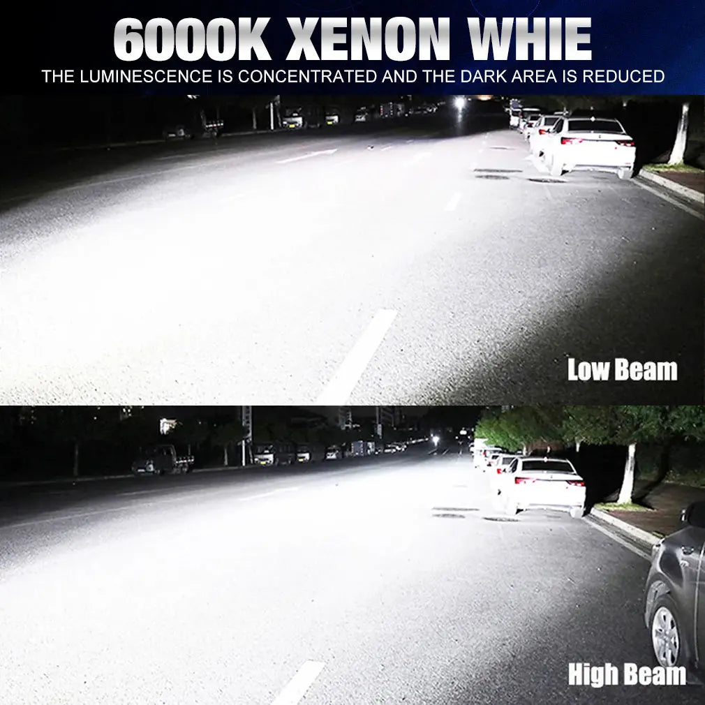 Comparison of a low beam and high beam from a 6000K Xenon light bulb.