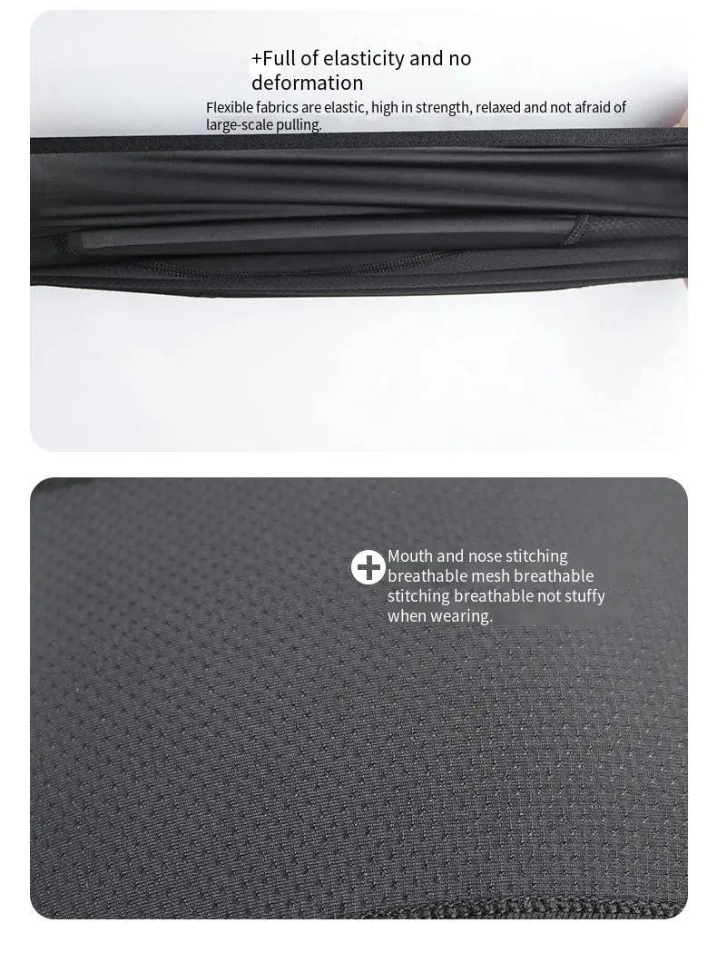 A black balaclava featuring elastic fabric and breathable mesh stitching for UV protection.