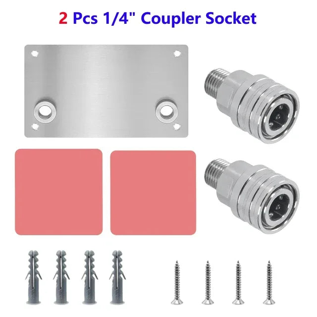 Deux douilles de raccord de 1/4 pouce et plusieurs adaptateurs en acier inoxydable pour un rack de stockage de canon à mousse