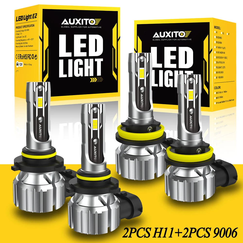 Two sets of LED light bulbs for vehicle fog and driving lights packaged in boxes and displayed on a yellow background