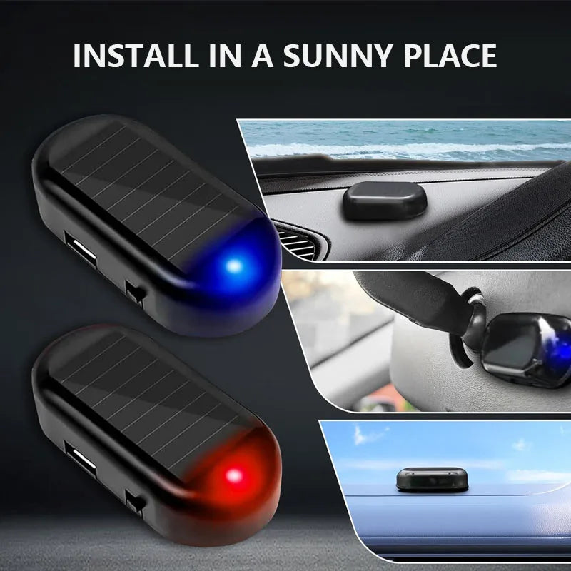 Solar powered anti-theft car warning light installed in a vehicle interior.