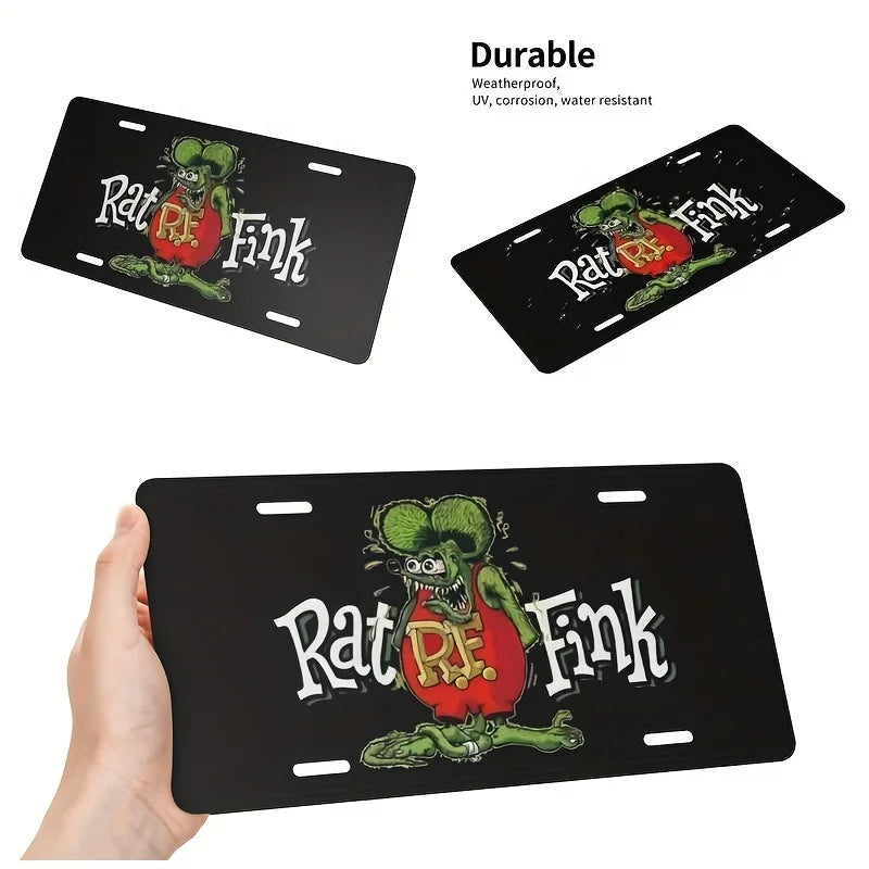 Plaque d'immatriculation noire durable avec un rat vert à l'encre rose et le texte Rat Ref Fink