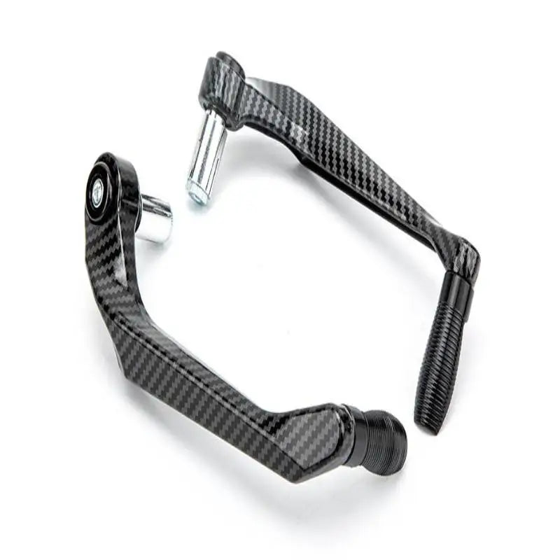 A close-up view of a black carbon fiber motorcycle hand guard and lever protector.