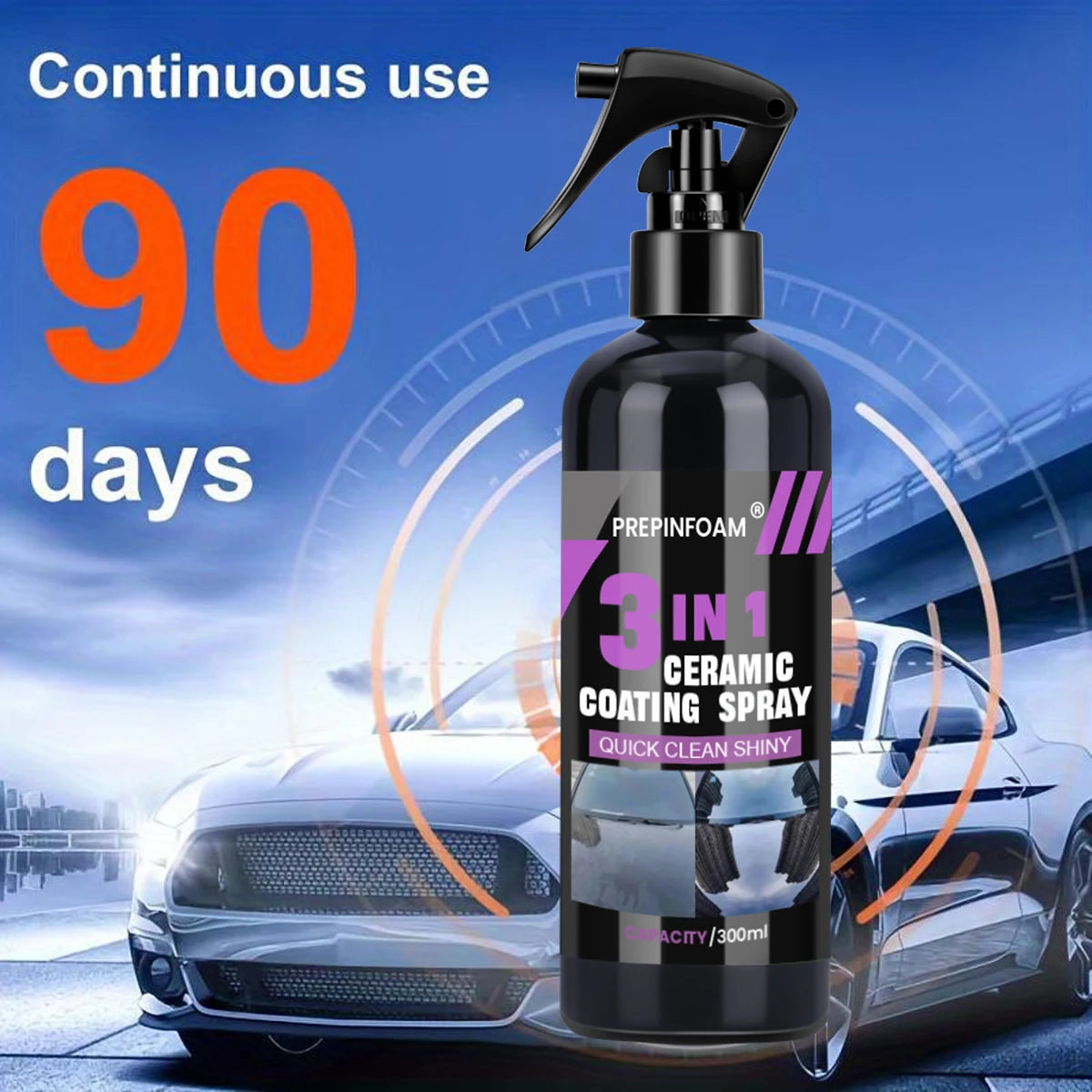 A bottle of Prepinfoam ceramic coating spray is shown next to a car, highlighting its continuous use for 90 days.