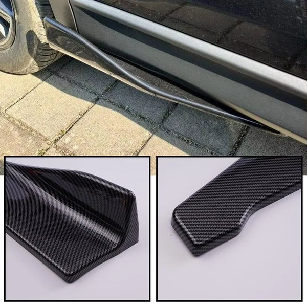Close-up view of a black carbon fiber car bumper lip diffuser for sport styling