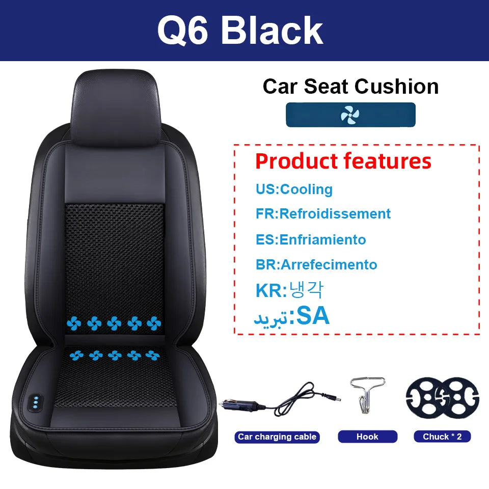 Black Q6 Car Seat Cushion with a cooling feature and included accessories