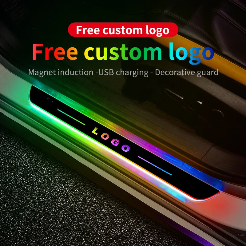 Custom logo projector door sill lights with motion activation featuring a colorful light bar on a car door panel