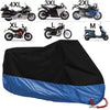 A collection of motorcycle covers in various sizes (XL to M) and a large blue and black waterproof cover.