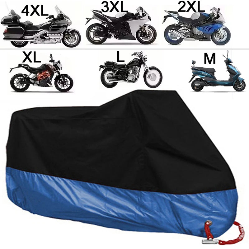 A collection of motorcycle covers in various sizes (XL to M) and a large blue and black waterproof cover.