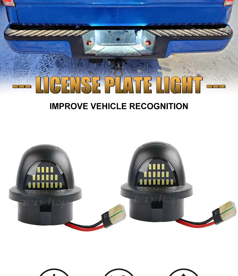 Two LED license plate lights are shown, designed to improve vehicle recognition.
