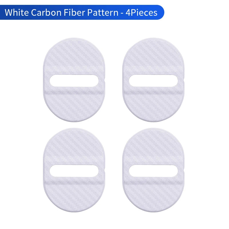 Four white carbon fiber door lock protector covers.