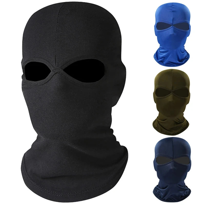 Masque tout-en-un noir pour le cyclisme et les sports avec diverses options de couleurs bleues, vertes et bleu foncé.