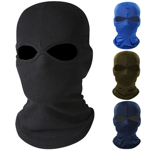 A black all-in-one cycling and sports face mask shown with various blue, green, and dark blue color options.