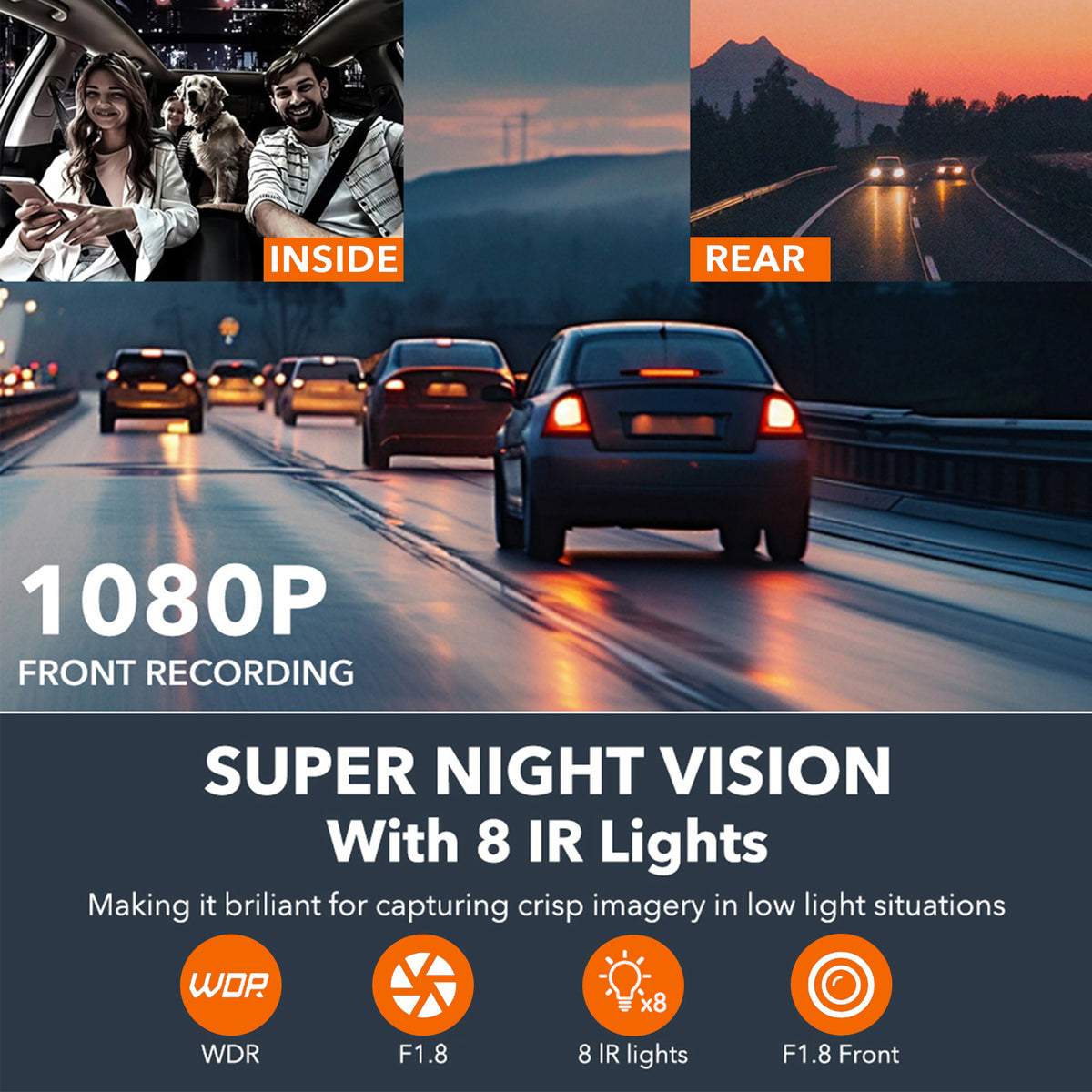 Front recording car security camera system showing a vehicle driving at night with super night vision and 8 IR lights