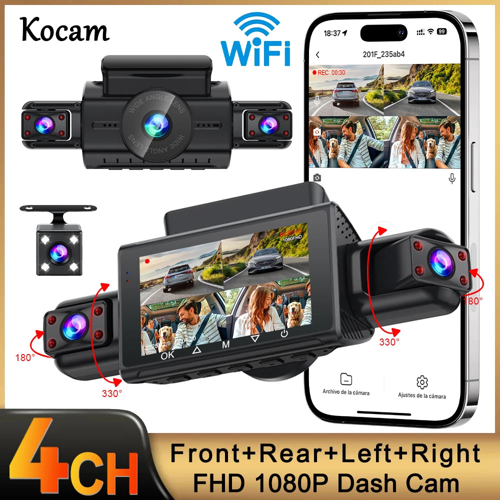 A set of four front and rear dash cameras for car monitoring, including a main unit and various mounting options.