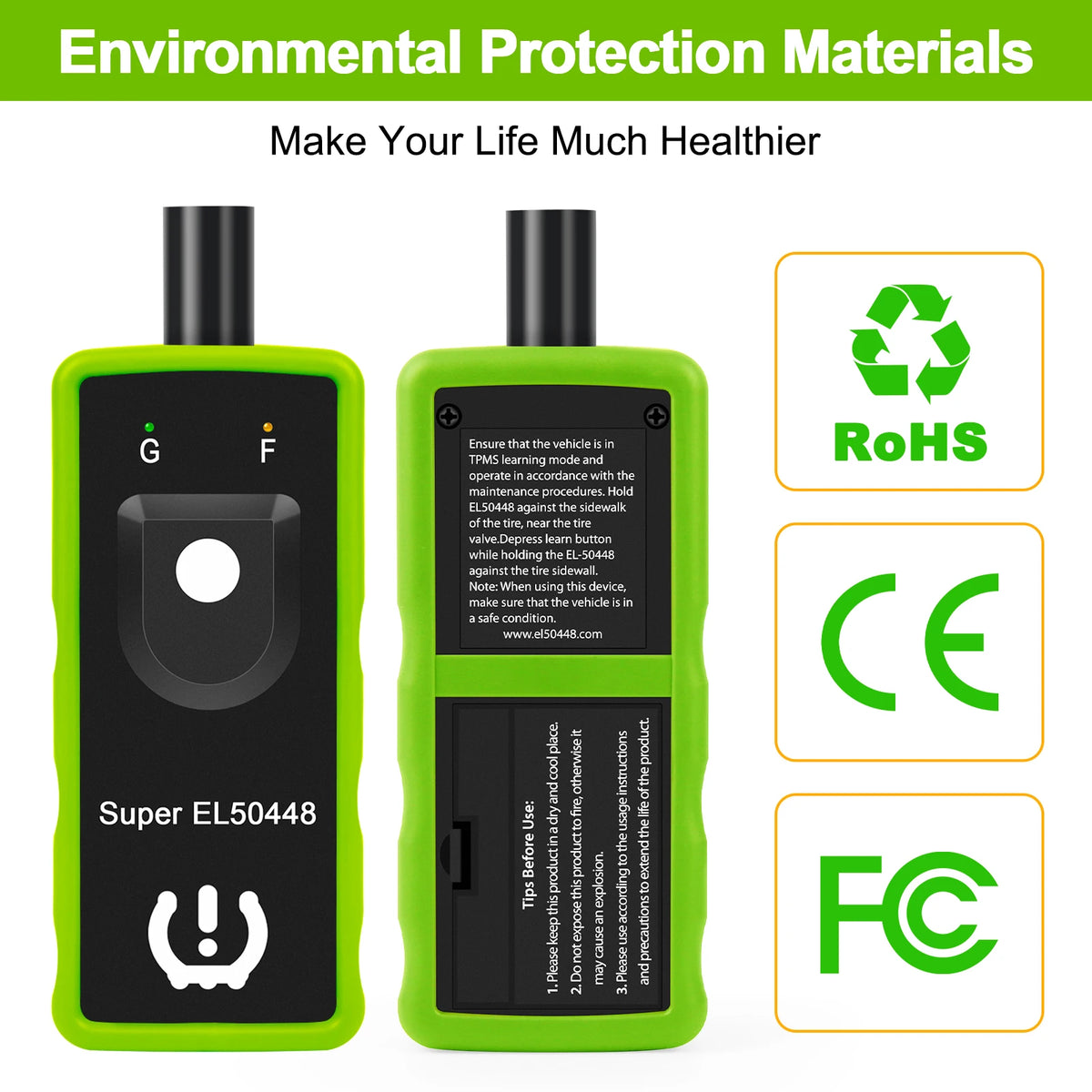 A green TPMS relearn tool labeled Super EL50448, shown next to a CE and FC certification icon.
