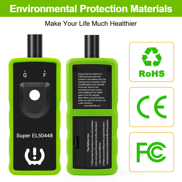 A green TPMS relearn tool labeled Super EL50448, shown next to a CE and FC certification icon.