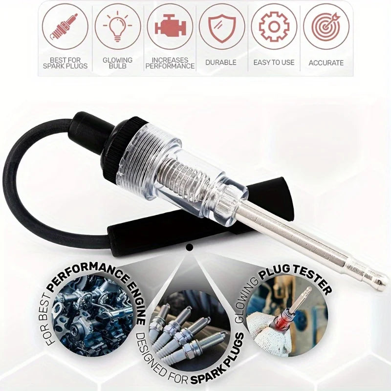 An automotive spark plug ignition tester kit with a clear glass tip and black handle, shown next to performance engine and gl