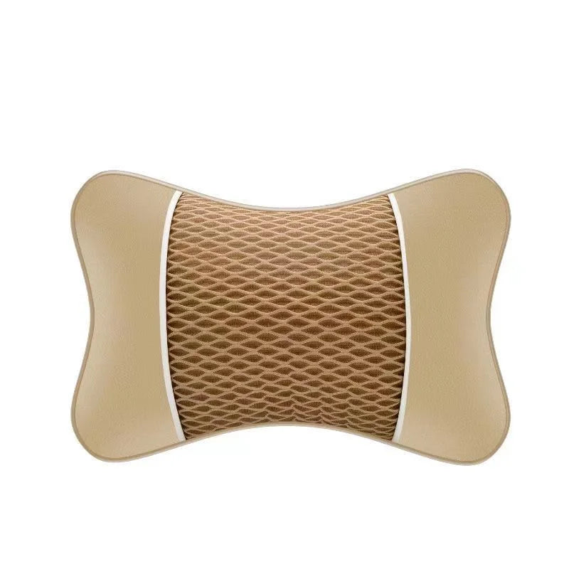 A beige universal car headrest pillow designed for neck comfort.