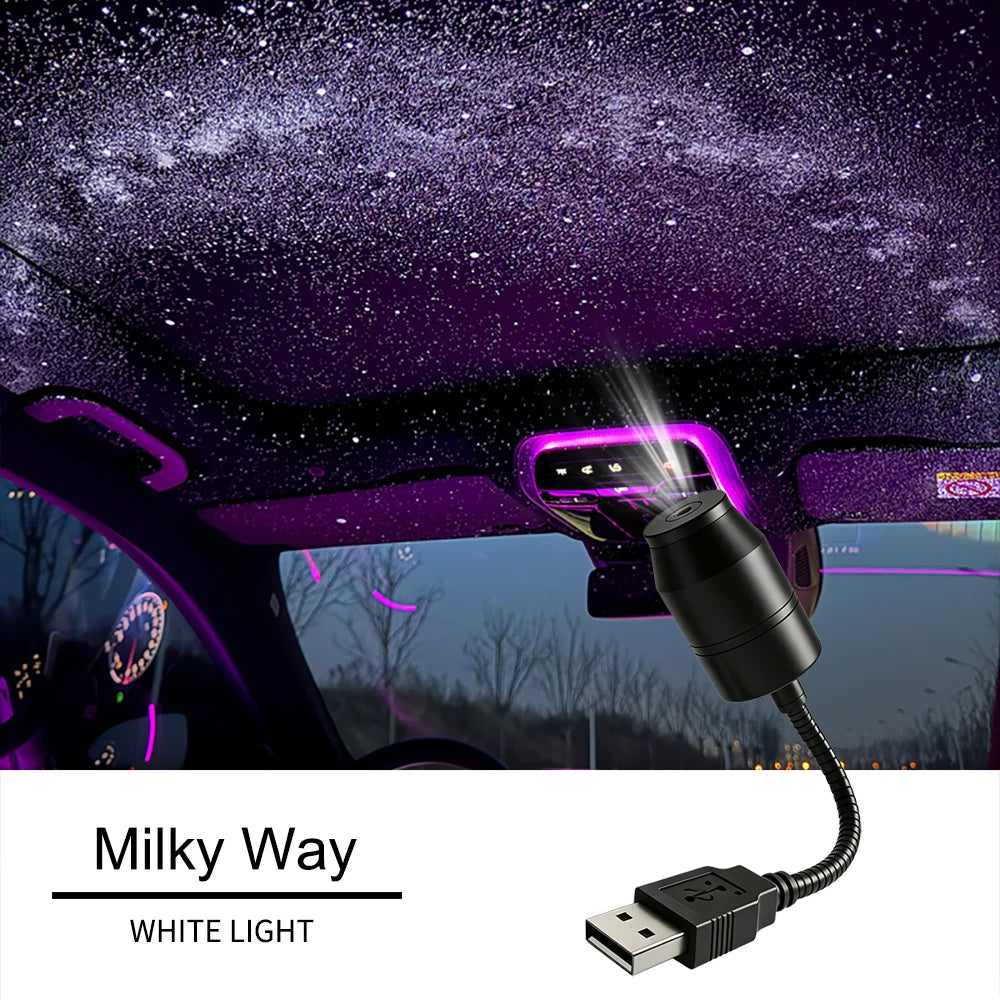 Lila Nachthimmelprojektion beleuchtet das Auto, zeigt einen weißen Lichtprojektor für den Milchstraßen-Effekt.