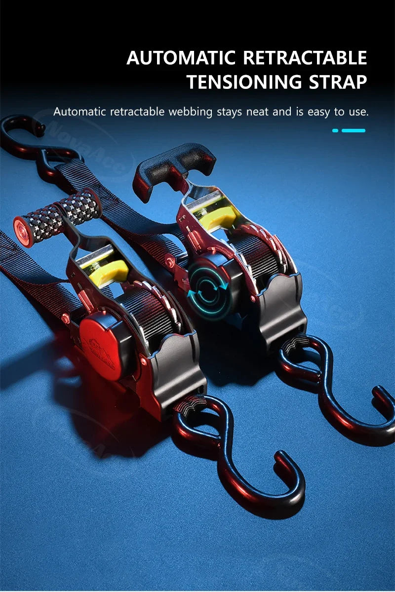 A close-up of a heavy duty automatic retractable tensioning strap in black and red, showing its mechanism.