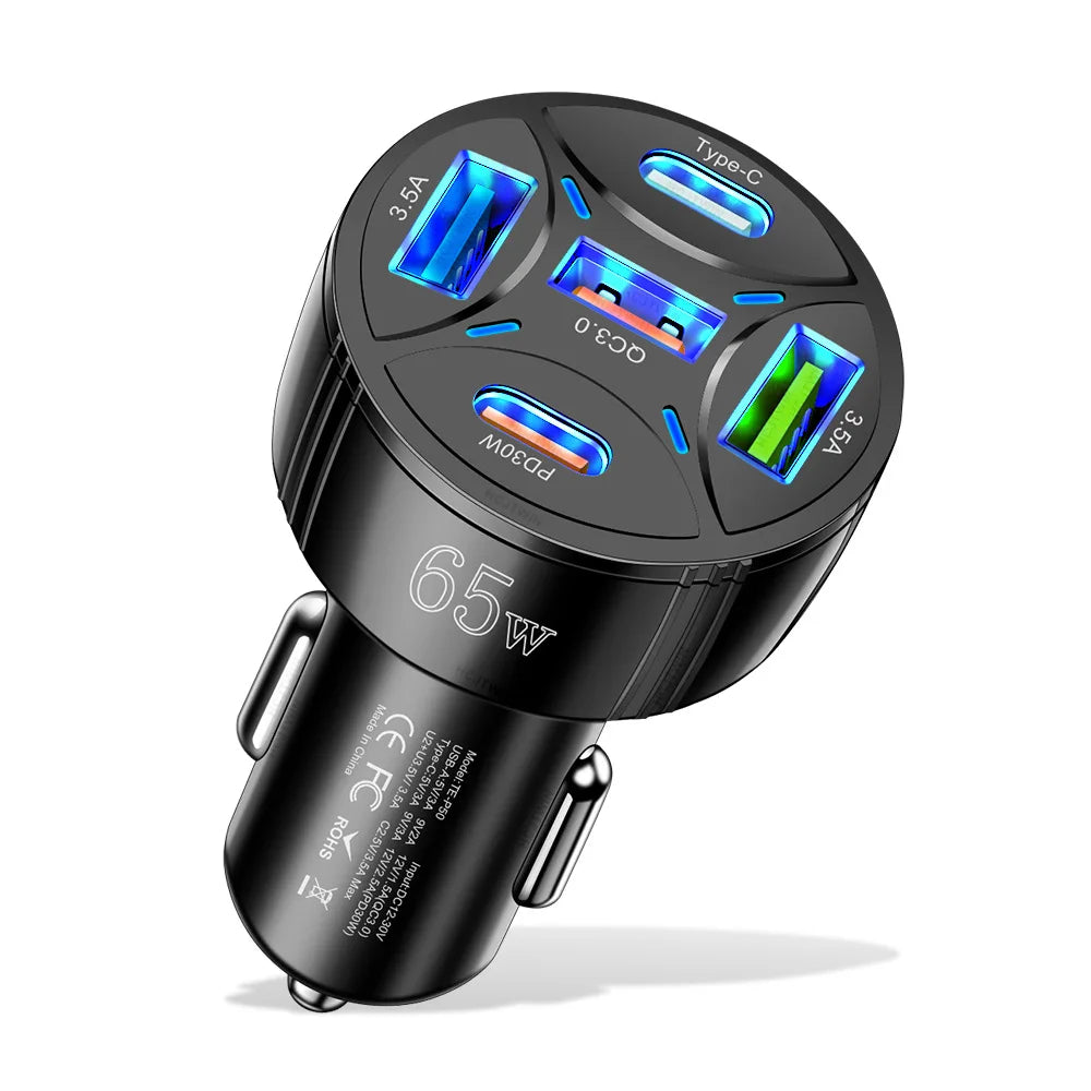 A black 65W multi-port Type-C car charger with multiple USB ports and a connector.