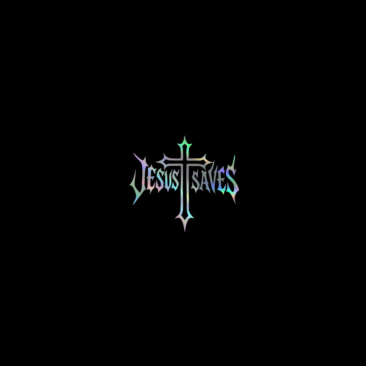 Stilisierte, gotische Schriftart-Logo mit „JESUS SAVES“ in lila und grün auf schwarzem Hintergrund.